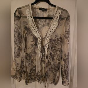 Floral Lace Trim Sheer Blouse